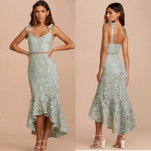 Lulus Won Your Heart Sage Green Lace Tie-Strap High-Low Midi Dress Party - Picture 1 of 12